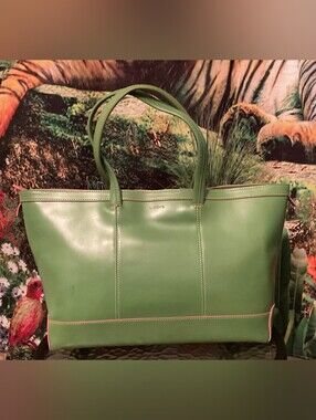 Lodis Green Leather Tote with Pink Accent Trim- Great Condition